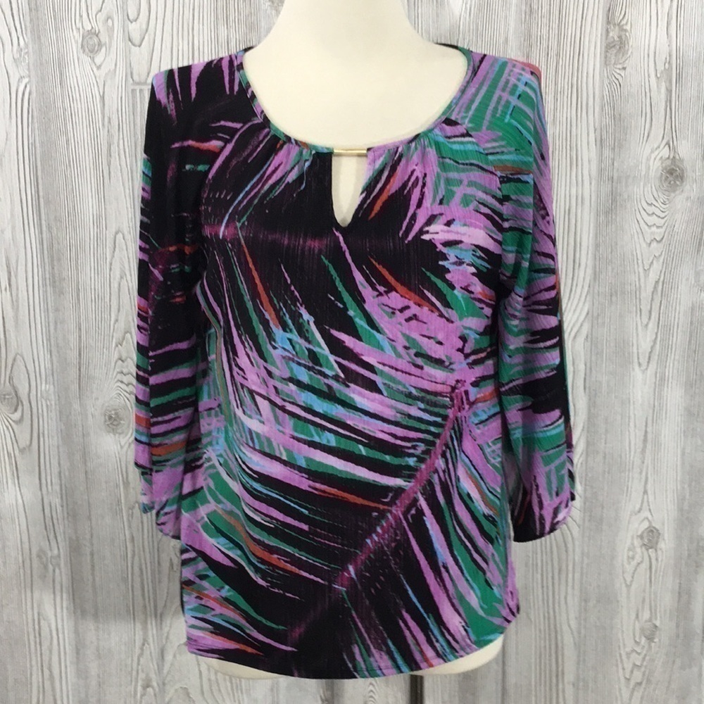 Dana Buchman Small Purple Green Abstract Geometric Print Blouse Top S
